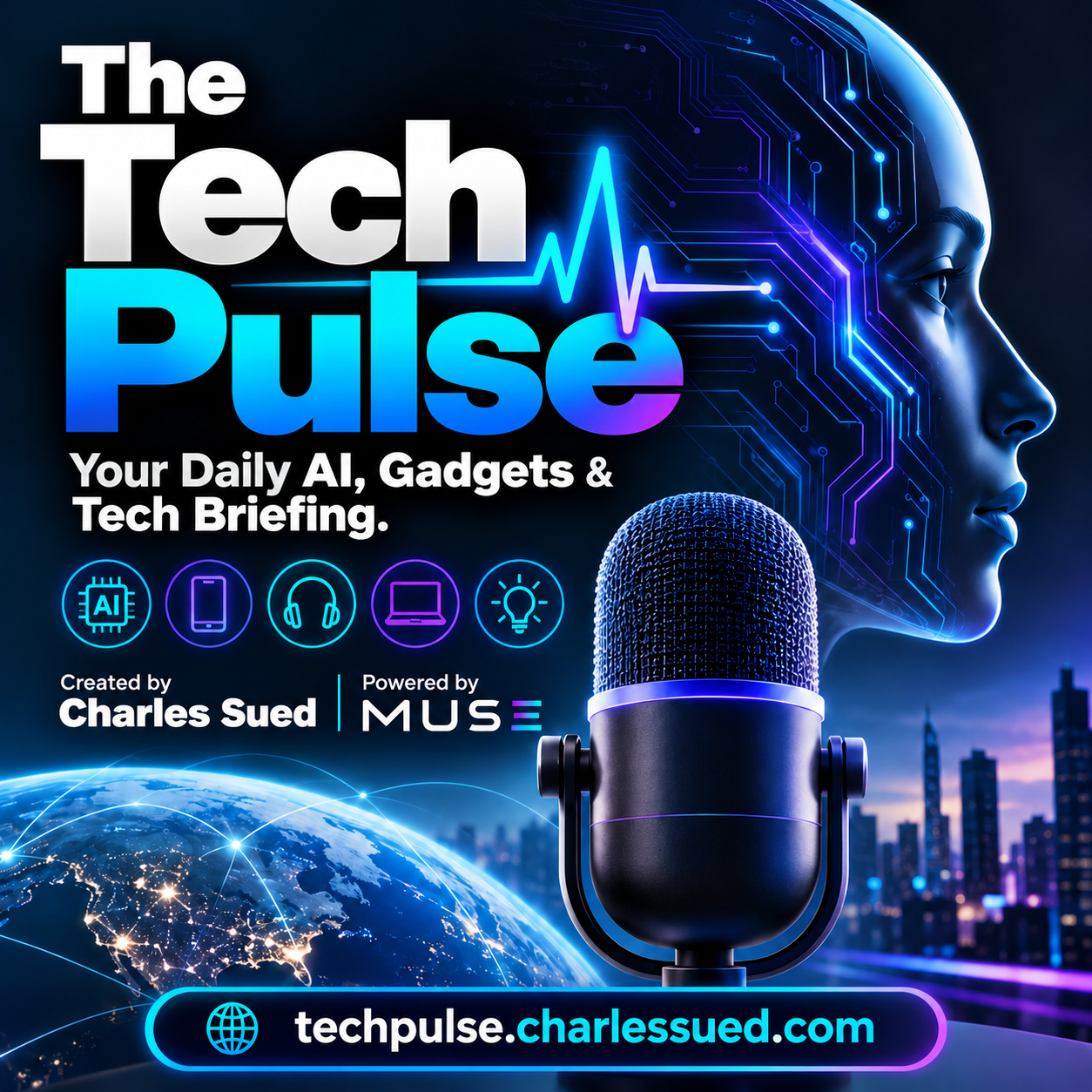 The Tech Pulse show logo — a studio microphone under a glowing pulse wave and circuit-pattern profile, with the tagline Your Daily AI, Gadgets & Tech Briefing